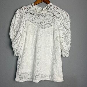 VICI Delicate Mesh Top Lace Mock Neck Puff SL Romantic Victorian Top White Sz M